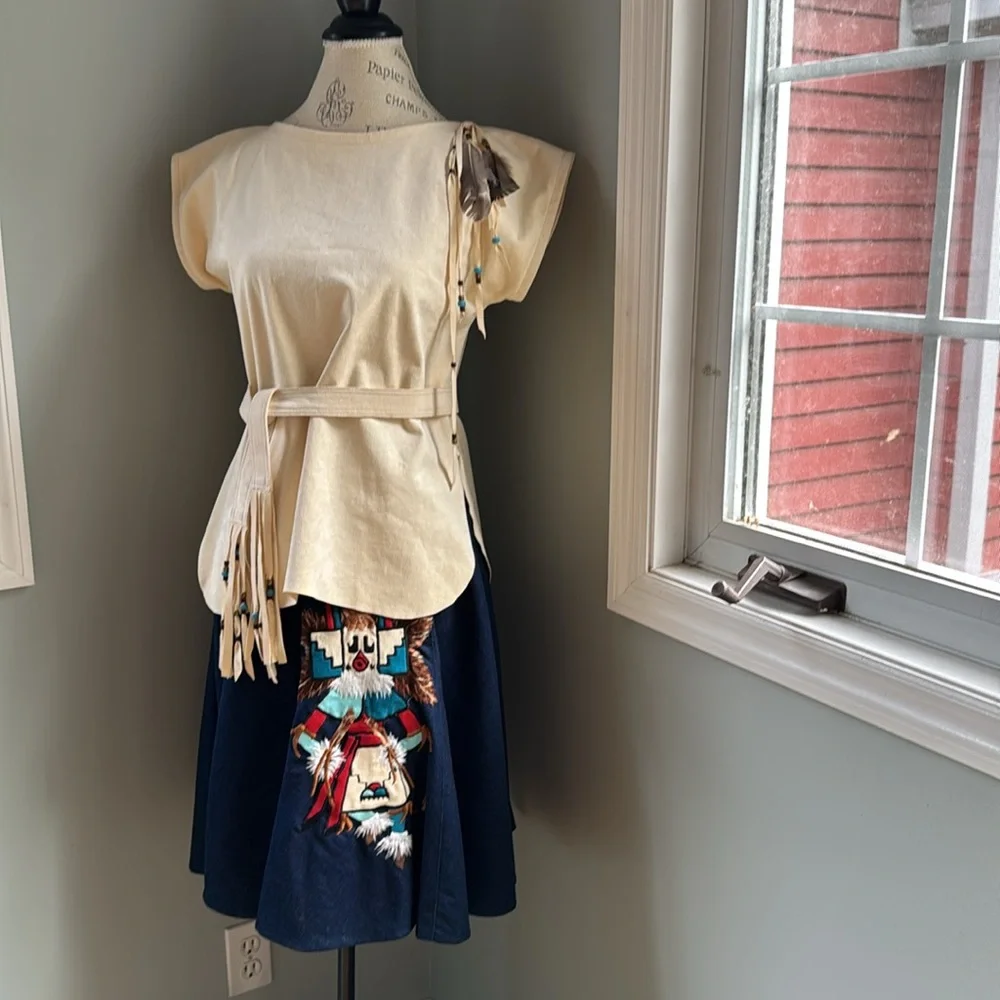 Native American appliqué Jean midi skirt with feather faux suede tunic EVC small